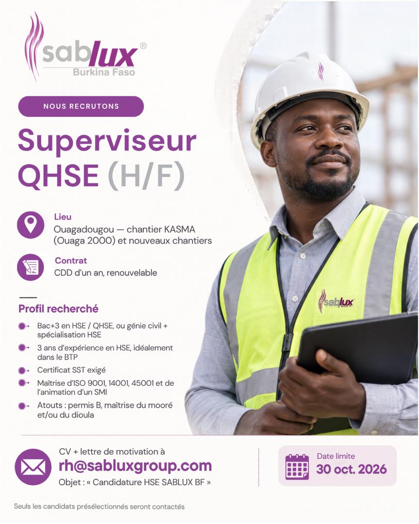 Sablux Burkina Faso recrute un Superviseur QHSE (H/F) à Ouagadougou